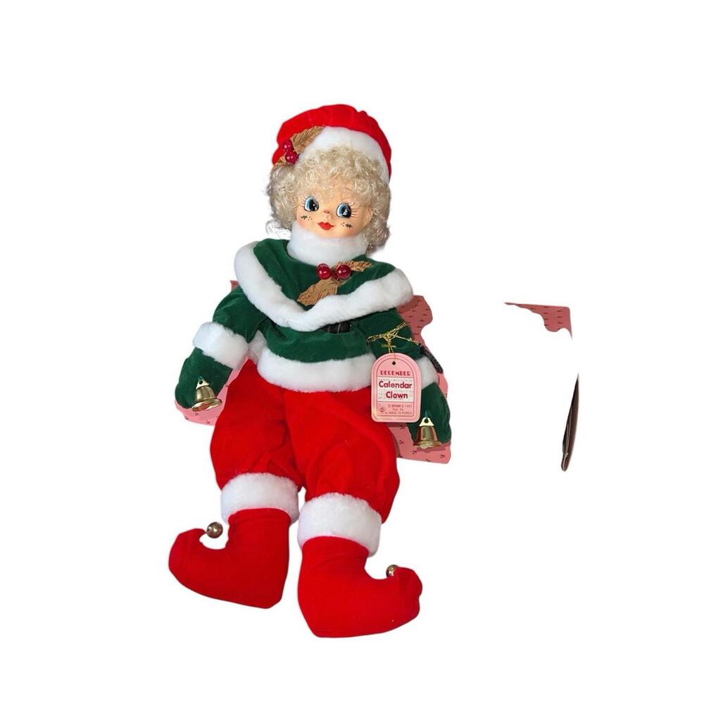 Brinn's VTG December 1987 Calendar Christmas Elf Green/Red 18" Clown Doll w Tags